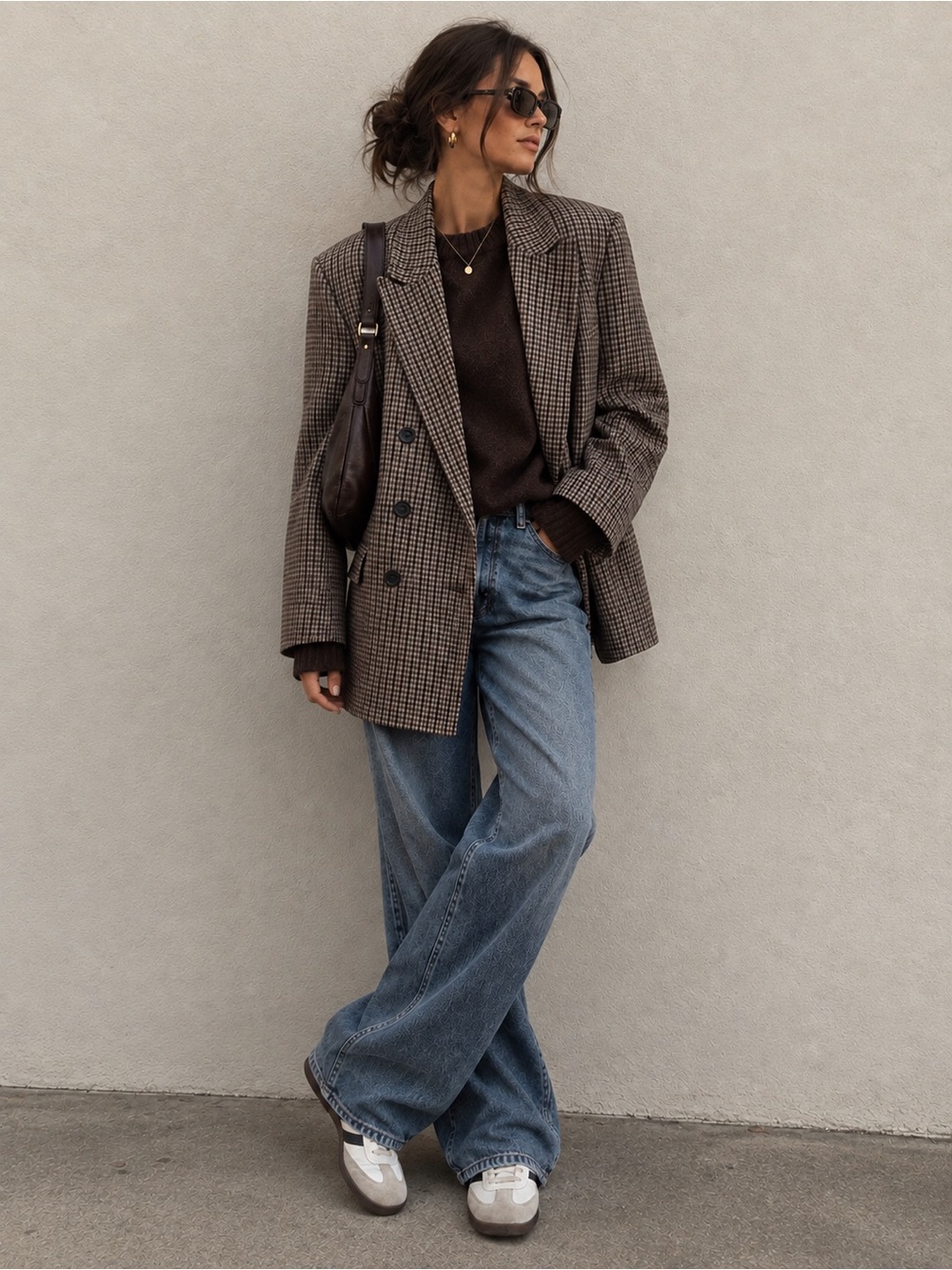 ZARA Brown Checkered Double-Breasted Oversized Blazer Jacket | Bloggers Fav